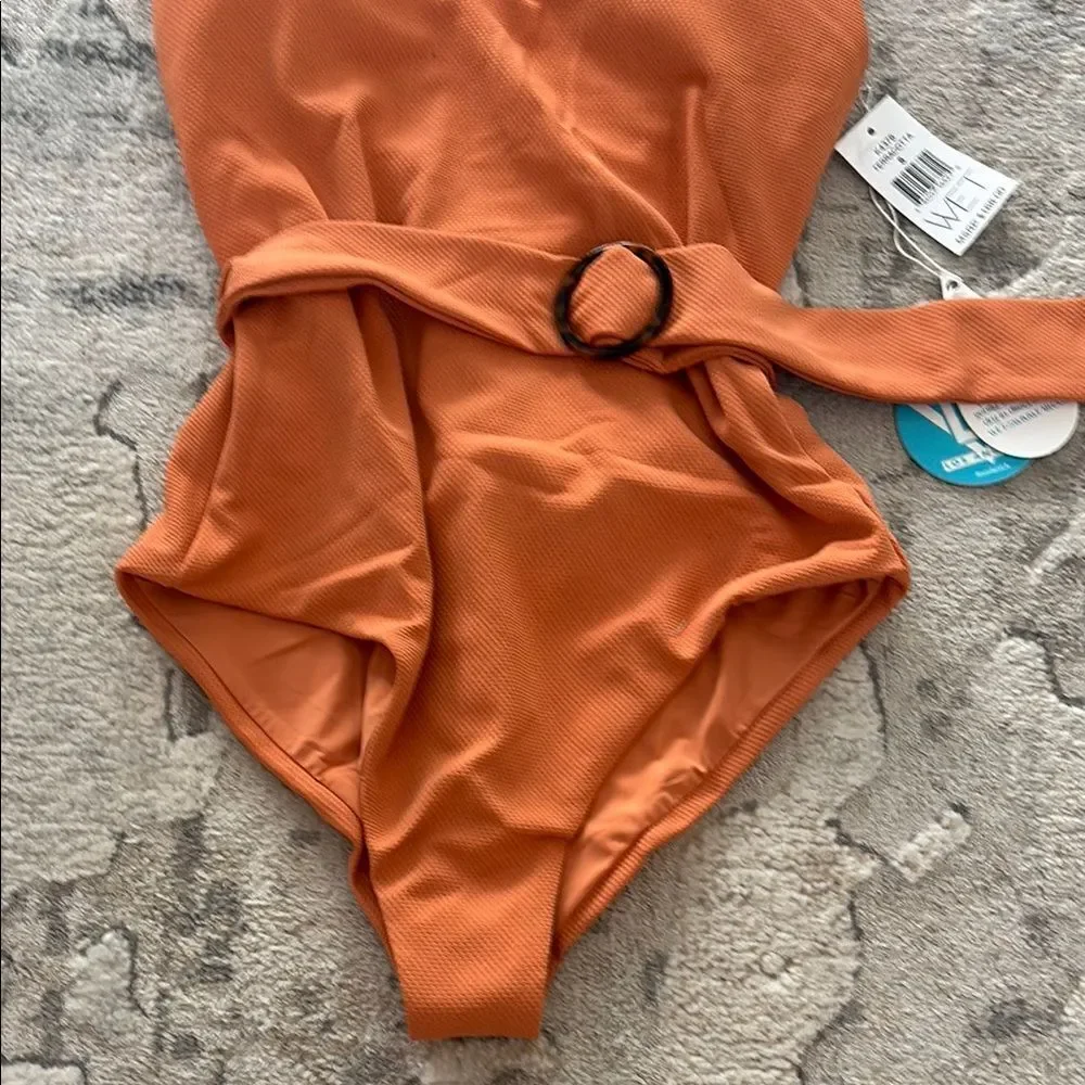 Orange One Piece Swimsuit with Deep V-Neck and High-Cut Legs